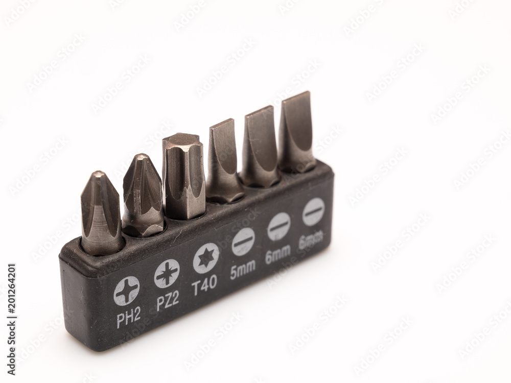 Sets of screwdriver pieces isolated on white background Sets of screwdriver pieces isolated on white background