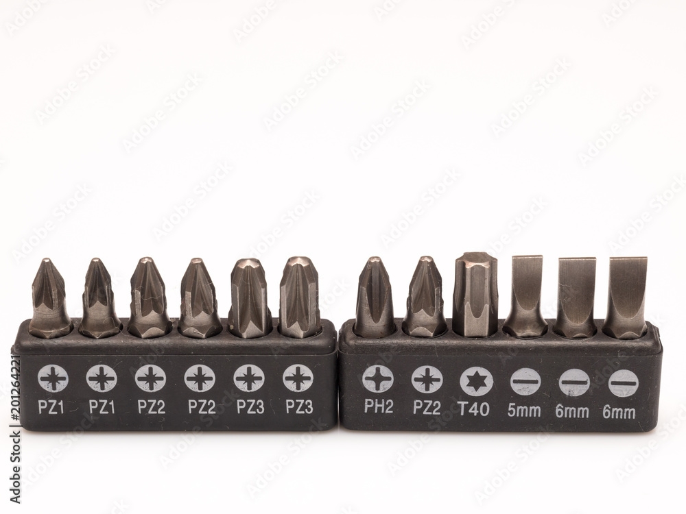 Sets of screwdriver pieces isolated on white background Sets of screwdriver pieces isolated on white background