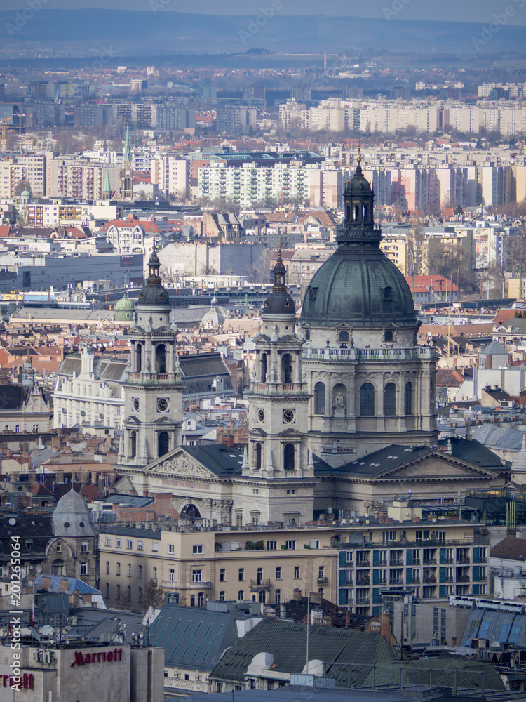 Close view of the Historische Kirche, St.-Stephans-Basilika of Budapest from the citadel