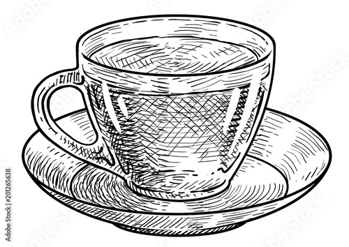 Cup of tea illustration, drawing, engraving, ink, line art, vector