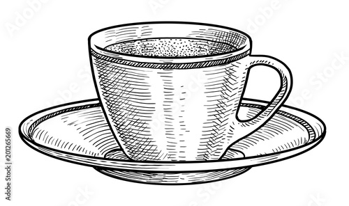 Porcelain cup of tea illustration, drawing, engraving, ink, line art, vector