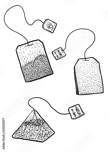 Teabag illustration, drawing, engraving, ink, line art, vector