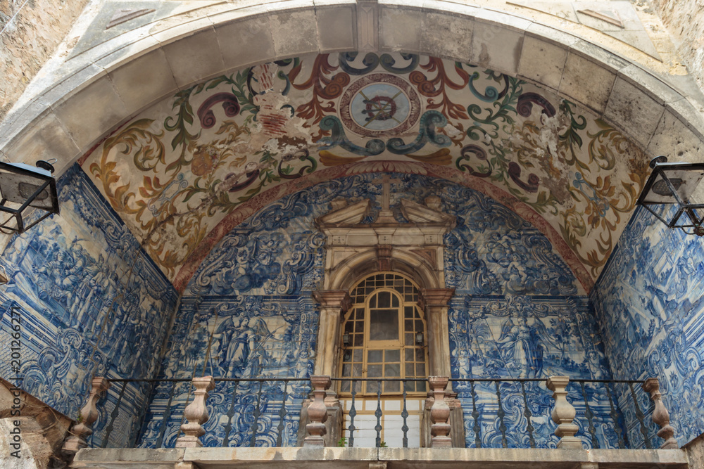 Blue Artistic Tile Azulejos: Decoration under Arch in Obidos Street, Portugal