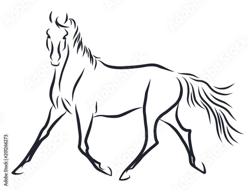 A line sketych of a horse trotting freely.