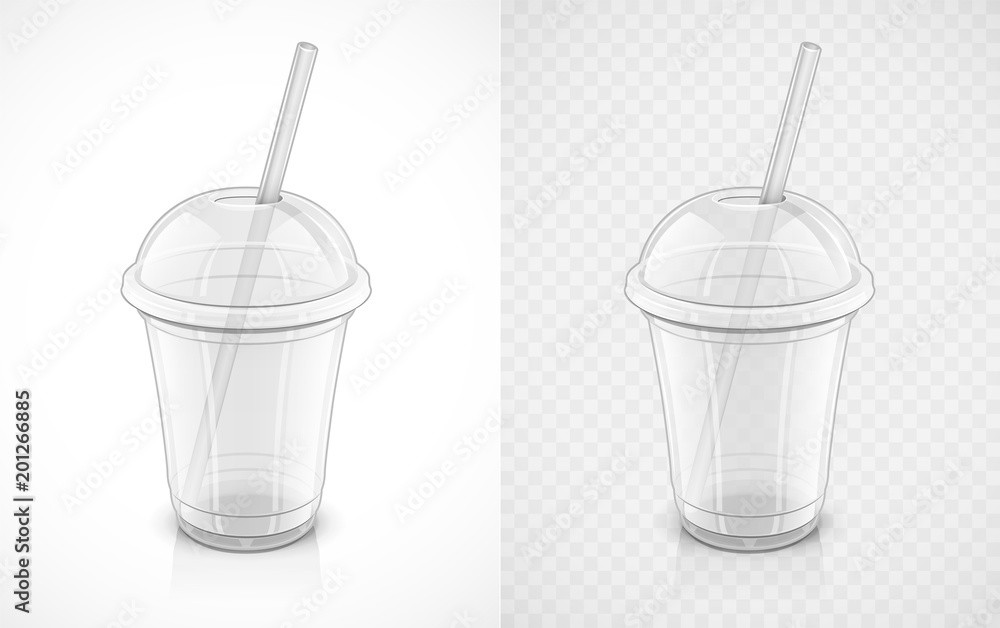 Transparent plastic cup. Fastfood pack for drink with pipe. Mug Stock