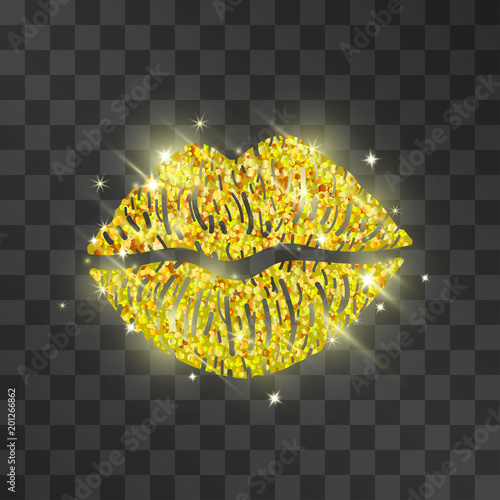 Golden glitter kiss imprint, glamorous confetti makeup symbol. Mouth silhouette decorated with shining sparkles. Luxurious feminine icon. Vector glowing banner, poster design element.