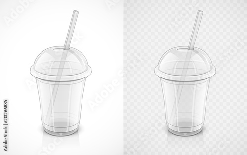 Transparent plastic cup. Fast-food pack for drink with pipe. Mug