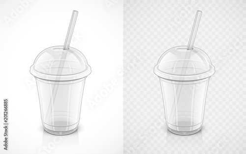 Transparent plastic cup. Fast-food pack for drink with pipe. Mug