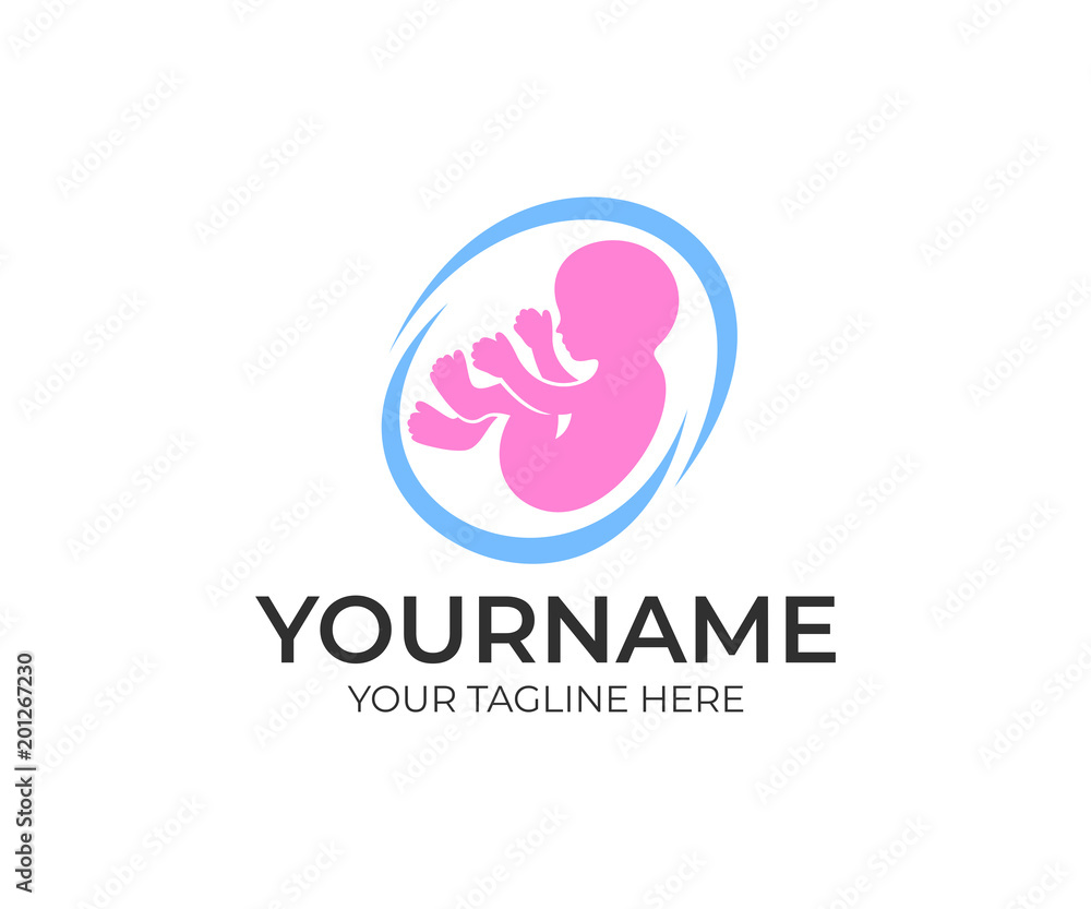 Embryo baby and fetus inside mom's belly, logo template. Child in the womb and pregnancy, pregnant, vector design. Maternity, gynecology clinic and perinatal center, illustration