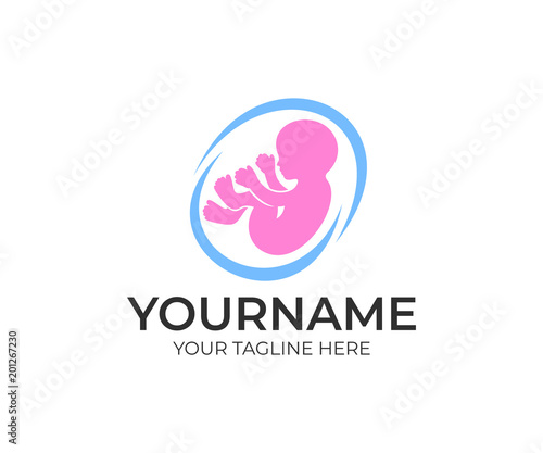 Embryo baby and fetus inside mom's belly, logo template. Child in the womb and pregnancy, pregnant, vector design. Maternity, gynecology clinic and perinatal center, illustration