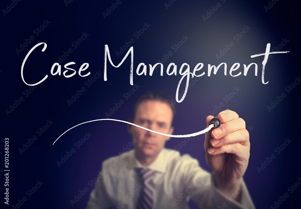 A businessman writing a Case Management concept with a white pen on a clear screen. A businessman writing a Case Management concept with a white pen on a clear screen.