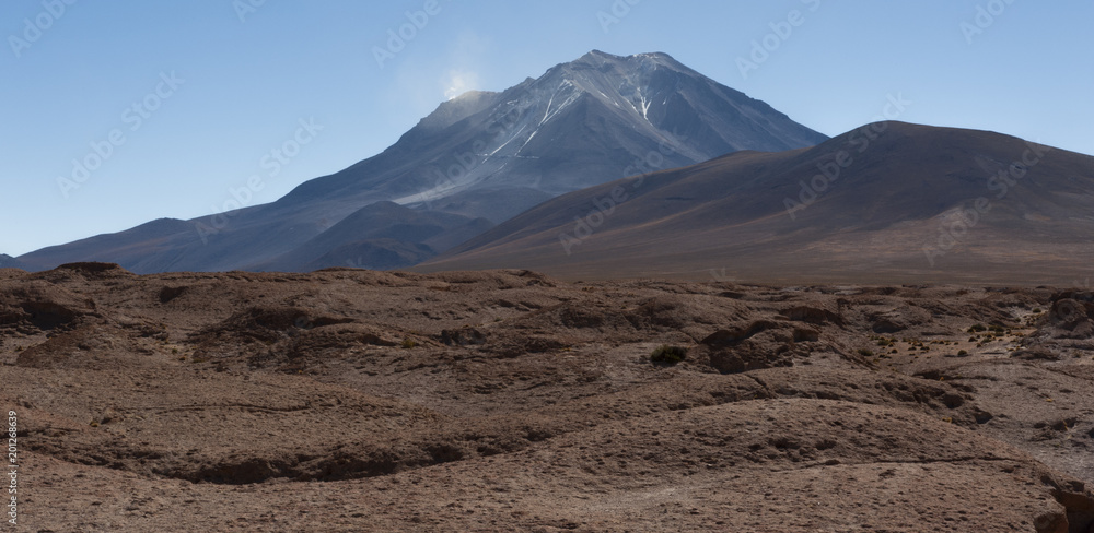 Mirador of Volcano Ollague. It's a massive stratovolcano on the border between Bolivia and Chile and its highest summit is 5,868 m