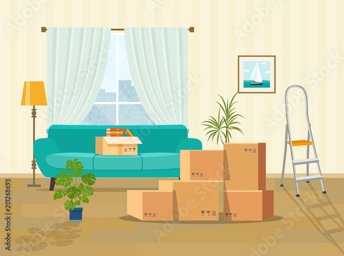 Moving boxes in new house. Vector flat style illustration