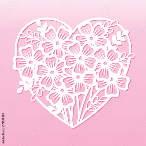 Openwork heart with bouquet of flowers. Laser cutting template.