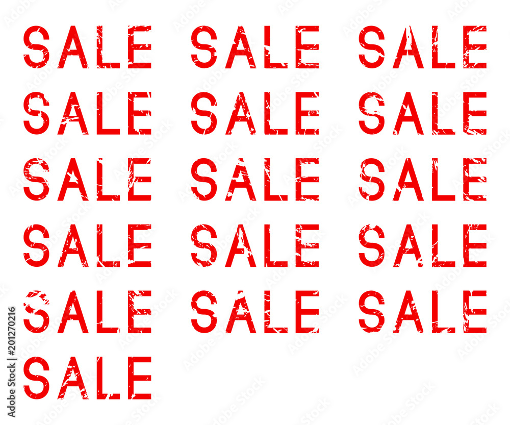 Word SALE set, grunge red text, isolated on white background, vector illustration.