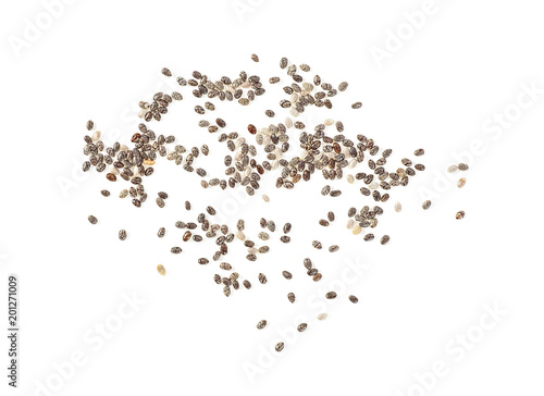 Closeup macro of small organic chia seeds on a white background, top view.