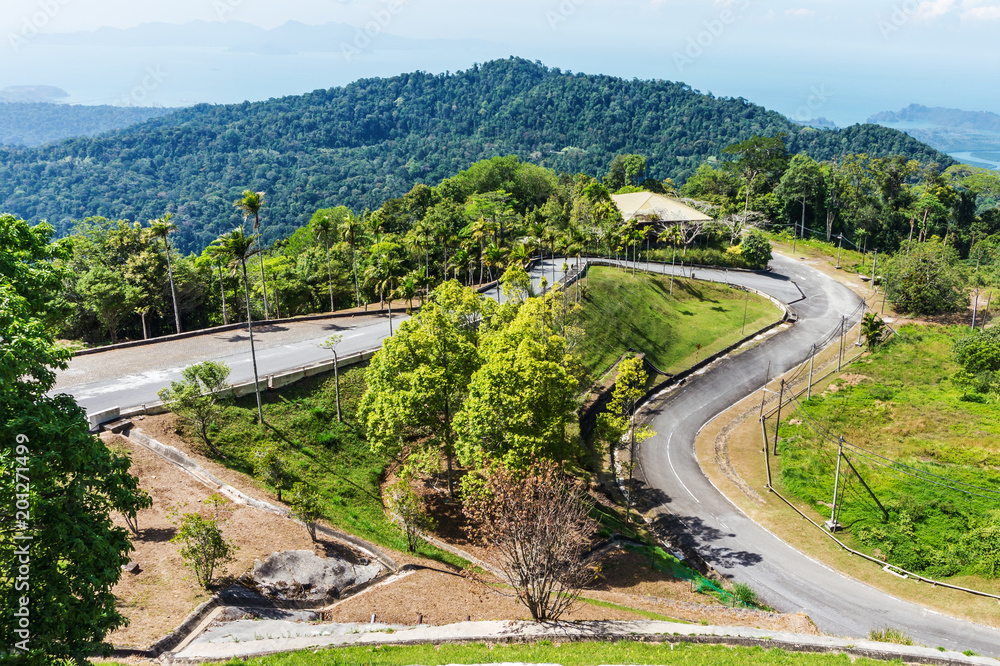 Serpentine road with palms on tropical island in Malaysia Serpentine road with palms on tropical island in Malaysia