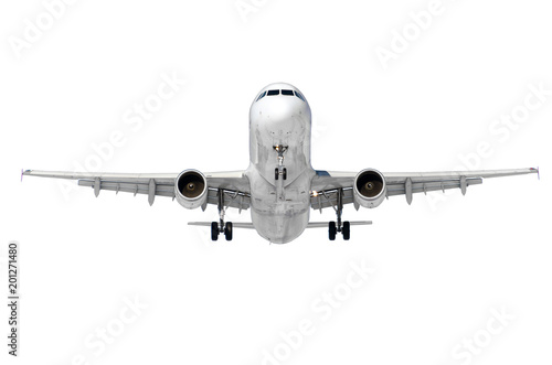 Passenger aircraft, the view is exactly on the nose and the cockpit of the pilots, in the middle. Isolated on white background.