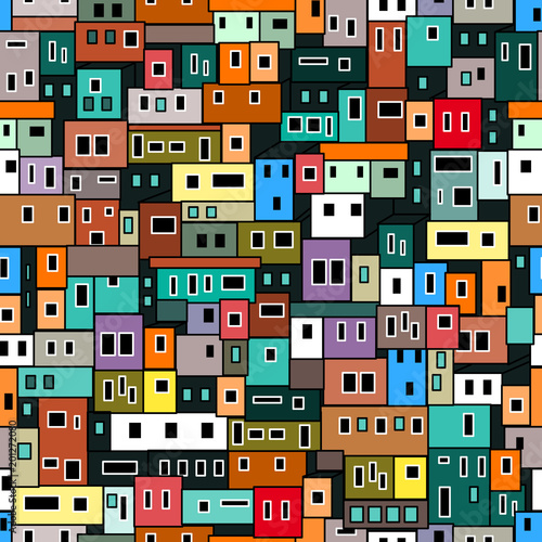 Colorful geometric pattern with urban motifs.