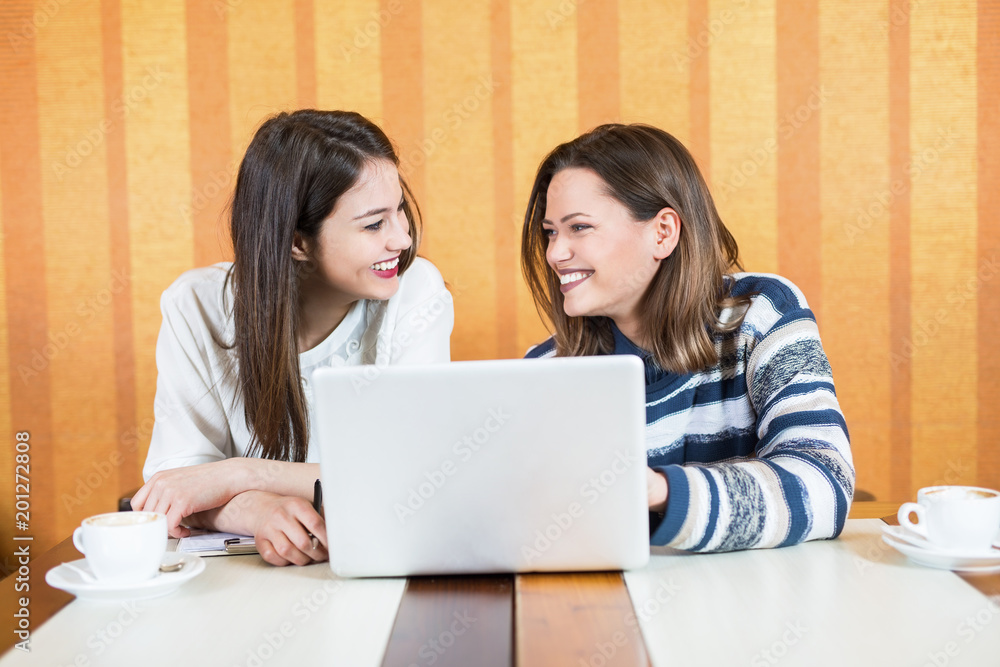Businesswomen using laptop in cafe together Businesswomen using laptop in cafe together