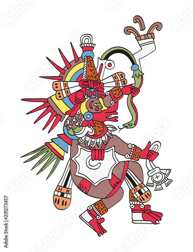 Quetzalcoatl, the feathered serpent. God of Wind and Wisdom. Twin brother of Tezcatlipoca. Deity as depicted in the antique Aztec manuscript painting Codex Borbonicus. Illustration over white. Vector.