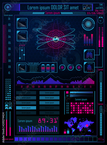 Technology Concept With Hud, Gui Design Elements. Head-up Display Monitor. Futuristic User Interface. Infographic Menu Ui For Vr. Atom. Vector Illustration.