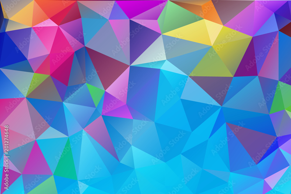 Obraz premium Abstract multicolored polygon, low polygon background. Transfusion of color. Geometric Pattern. Blue, pink, lilac, burgundy, saturated, multicolor, rainbow