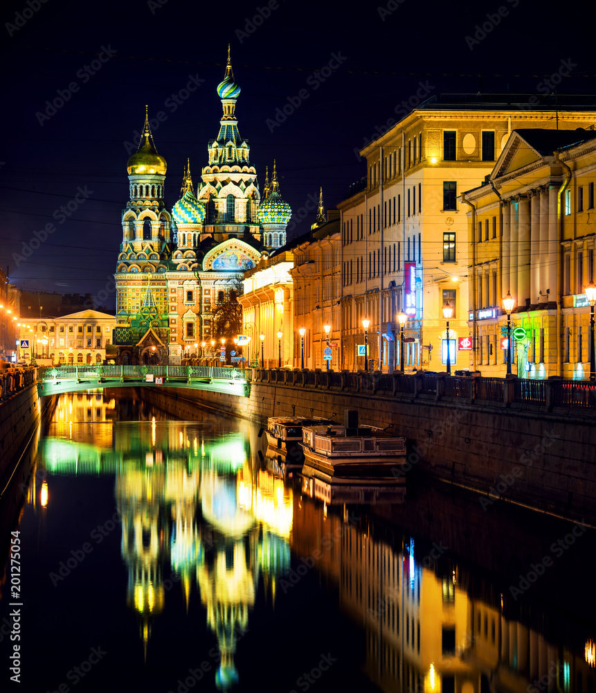 Illuminated Church on Spilled Blood with dark sky in Saint Petersburg, Russia