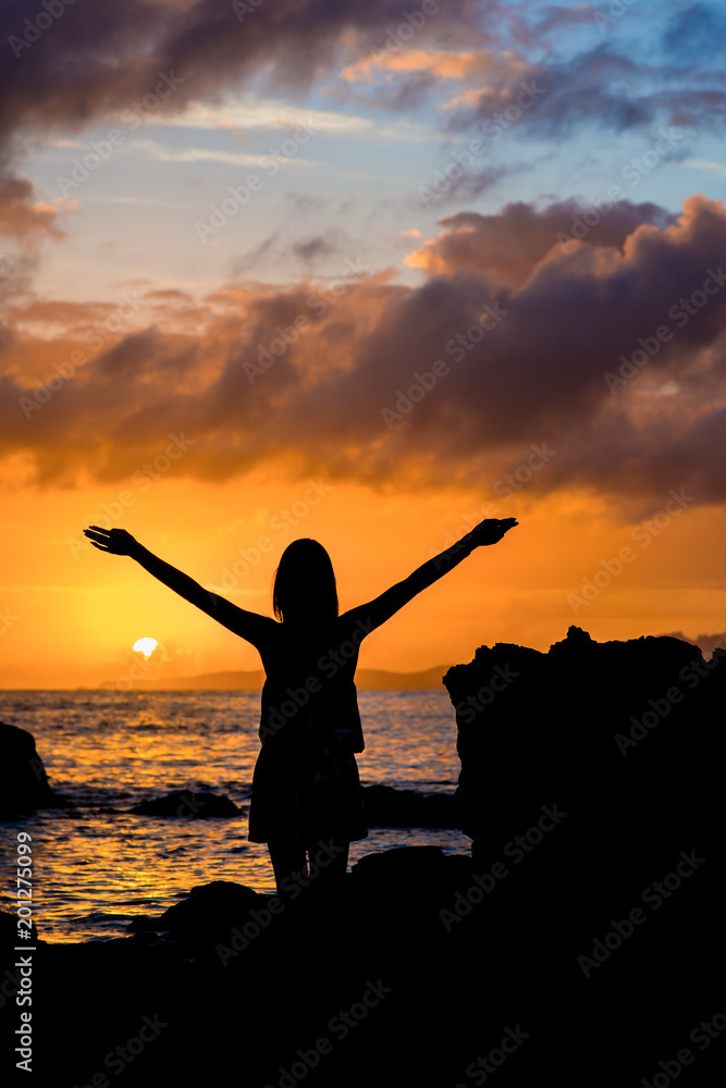 Silhouette of girl in the sea watching the sunrise