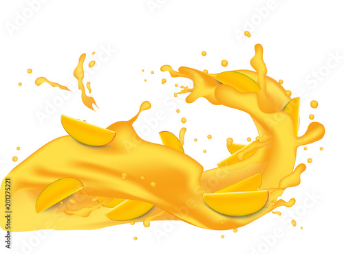 Yellow orange juice 3d illustration with slices of mango, peach, apricot, nectarine, apple. Pouring flowing wave splash for packaging template.