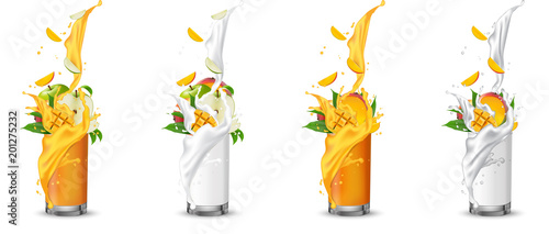 Apple and mango fruit juice splashing into the glass with swirl. Green apple and mango slices falling into the cup.  3d Realistic Vector.