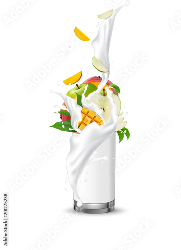 Milkshake mango apple fruit cocktail. Milk splash swirl in the realistic glass.  3d Realistic Vector.
