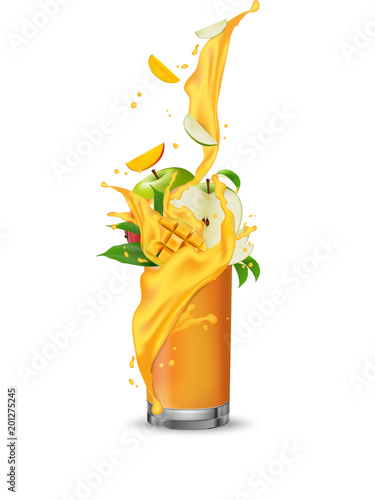 Mango apple fruit cocktail. Splash swirl in the realistic glass.  3d Realistic Vector.