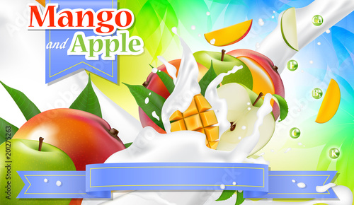 Vector ads 3d promotion banner. Realistic apple mango splashing with falling slices, juice drops, vitamins, leaves. Mock up for yogurt, ice cream