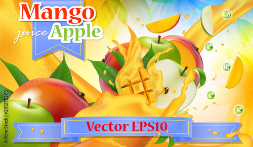 Vector ads 3d promotion banner. Realistic apple mango splashing with falling slices, juice drops, vitamins, leaves. Mock up for yogurt