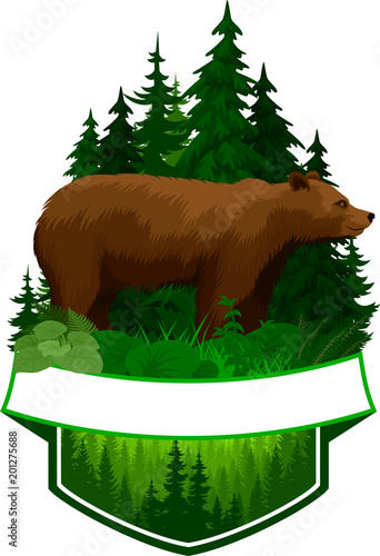 vector woodland emblem with brown grizzly bear