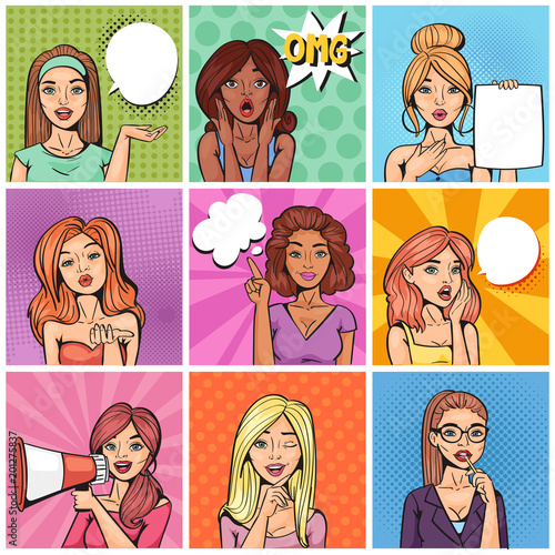 Comic woman vector popart cartoon girl character speaking bubble speech or comicgirl illustration female set of beautiful lady pinup with pretty face in fashion style isolated on white background