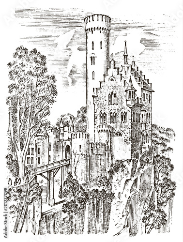 Castle on a hill. Ancient Landscape for the label. Engraved Hand drawn sketch in vintage victorian style. Travel to Europe to the historic building. Fairy Tale Fortress or palace, mansion house.