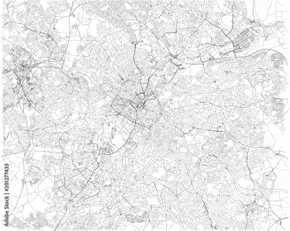Cartina di Birmingham, vista satellitare, città, Inghilterra, Regno Unito. Strade della città