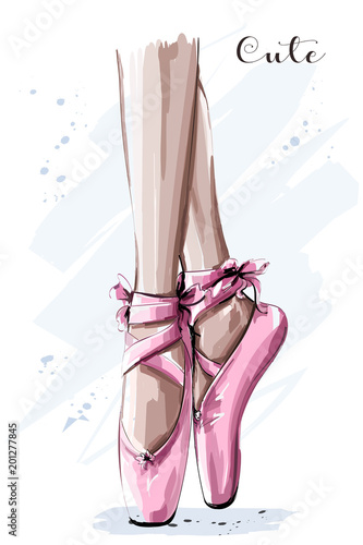 Hand drawn ballet dancer legs in pointe shoe. Sketch. Vector illustration.