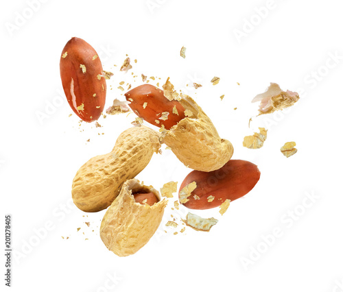 Εκτύπωση καμβά Dried peanut crushed in the air close-up isolated on white background