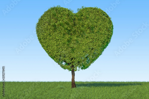 Tree in the shape of heart on the green grass against blue sky, 3D rendering