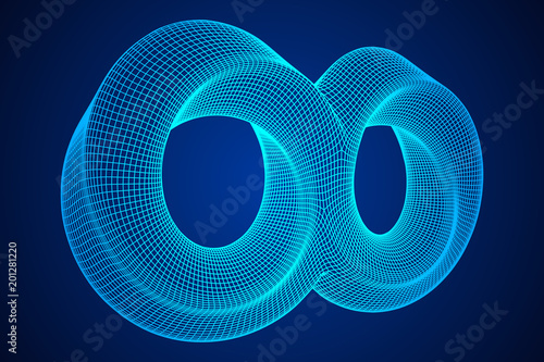 Mobius strip ring infinity sacred geometry. Spatial figure with upturned surfaces. Optical illusion with dual circular contour. Wireframe low poly mesh vector illustration.