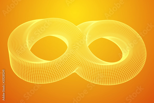 Mobius strip ring infinity sacred geometry. Spatial figure with upturned surfaces. Optical illusion with dual circular contour. Wireframe low poly mesh vector illustration.
