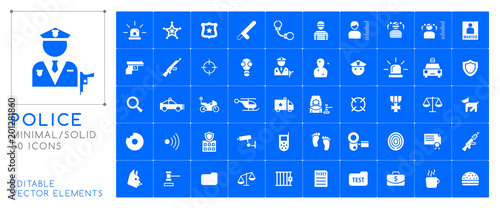 Set of 50 Universal Solid Police Icons on Color Background . Isolated Elements