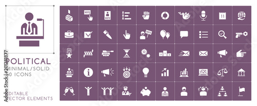 Set of 50 Universal Solid Political Icons on Color Background . Isolated Elements