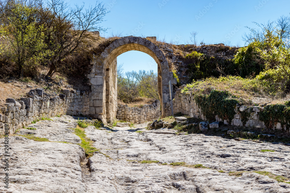 Chufut-Kale. Medieval city-fortress in the Crimean Mountains, Bakhchysarai. Orta-Capua Gate
