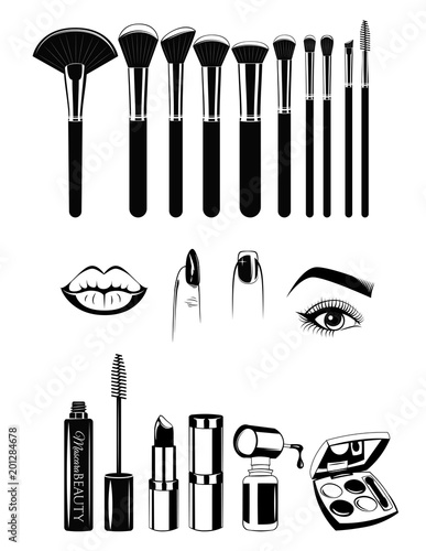 Makeup artist Brushs and tools. Lips, nails and eye.  illustration elements set isolated on white