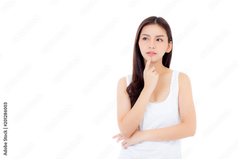 Asian woman surprise hold cheek with hand, Beautiful girl with presenting your product with excited and surprise isolated on white background, Expressive face. Asian woman surprise hold cheek with hand, Beautiful girl with presenting your product with excited and surprise isolated on white background, Expressive face.