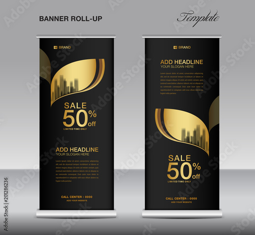 Black and Gold Roll up banner template vector, advertisement, x-banner, poster, pull up design, display, layout , business flyer, web banner, exhibition, stand, presentation, luxurious concept idea